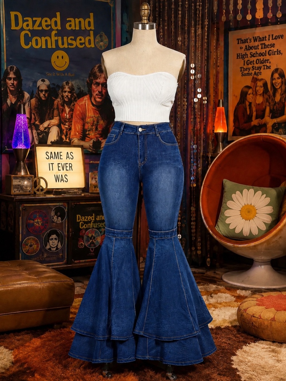 High-Rise Tiered Flare Jeans in Deep Indigo